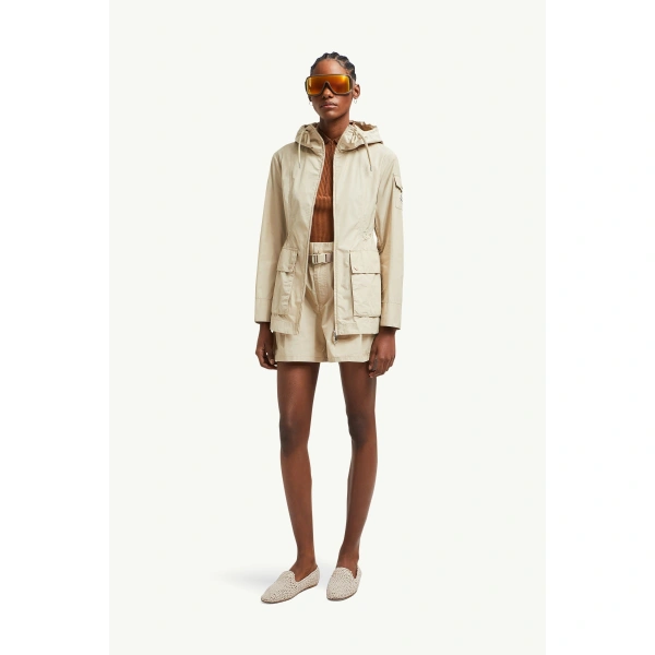 Moncler Leandro Hooded Parka Jacket in Beige, view 2 | Women's Puffer and Down Coats | Coveti