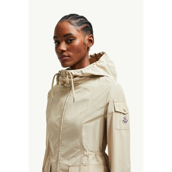 Moncler Leandro Hooded Parka Jacket in Beige, view 3 | Women's Puffer and Down Coats | Coveti