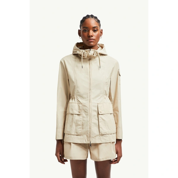 Moncler Leandro Hooded Parka Jacket in Beige, view 4 | Women's Puffer and Down Coats | Coveti