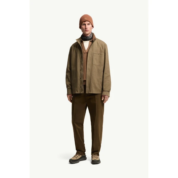 Moncler Leather Logo Cotton Jacket in Olive Green, view 2 | Men's Jackets | Coveti