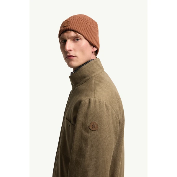 Moncler Leather Logo Cotton Jacket in Olive Green, view 3 | Men's Jackets | Coveti