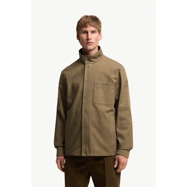 Moncler Leather Logo Cotton Jacket in Olive Green, view 4 | Men's Jackets | Coveti
