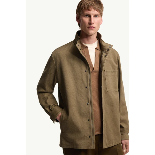 Moncler Leather Logo Cotton Jacket in Olive Green, view 6 | Men's Jackets | Coveti