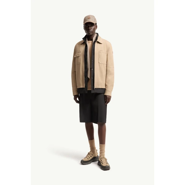 Moncler Leather Logo Cotton Shirt Jacket in Beige, view 2 | Men's Jackets | Coveti
