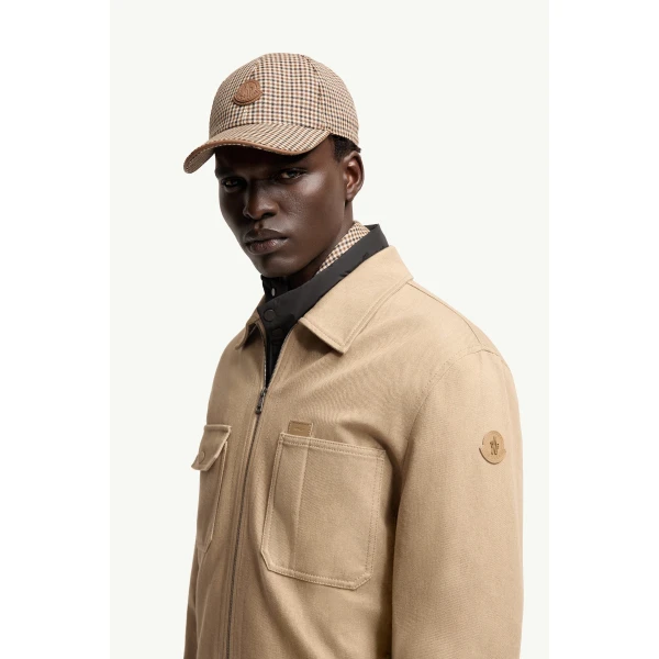 Moncler Leather Logo Cotton Shirt Jacket in Beige, view 3 | Men's Jackets | Coveti