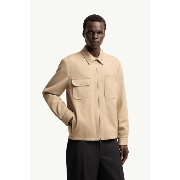 Moncler Leather Logo Cotton Shirt Jacket in Beige, view 4 | Men's Jackets | Coveti