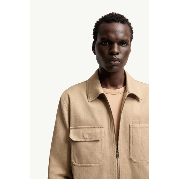 Moncler Leather Logo Cotton Shirt Jacket in Beige, view 6 | Men's Jackets | Coveti