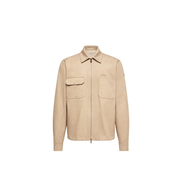 Moncler Leather Logo Cotton Shirt Jacket in Beige | Men's Jackets | Coveti