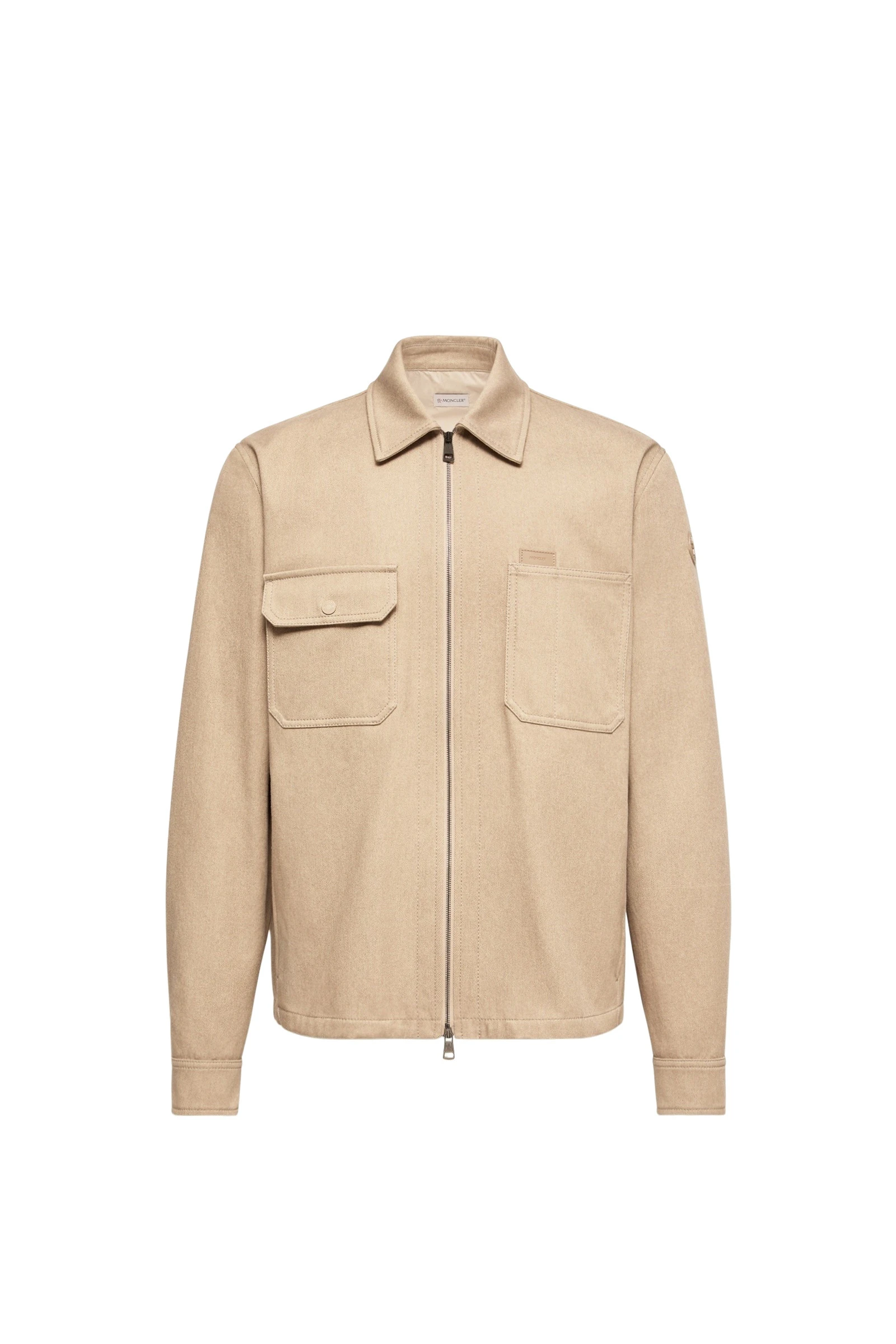Moncler Leather Logo Cotton Shirt Jacket in Beige Moncler Leather Logo Cotton Shirt Jacket in Beige | Men's Jackets | Coveti