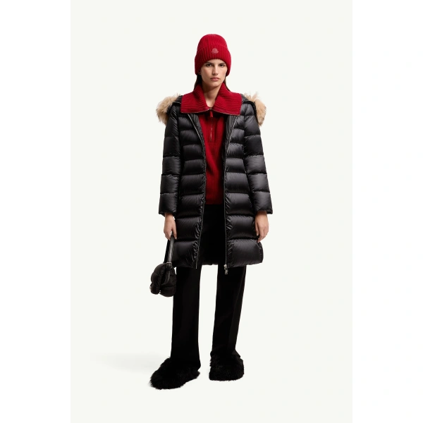 Moncler Leersies Shearling Trimmed Hooded Long Down Coat in Black, view 2 | Women's Puffer and Down Coats | Coveti