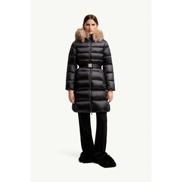 Moncler Leersies Shearling Trimmed Hooded Long Down Coat in Black, view 4 | Women's Puffer and Down Coats | Coveti