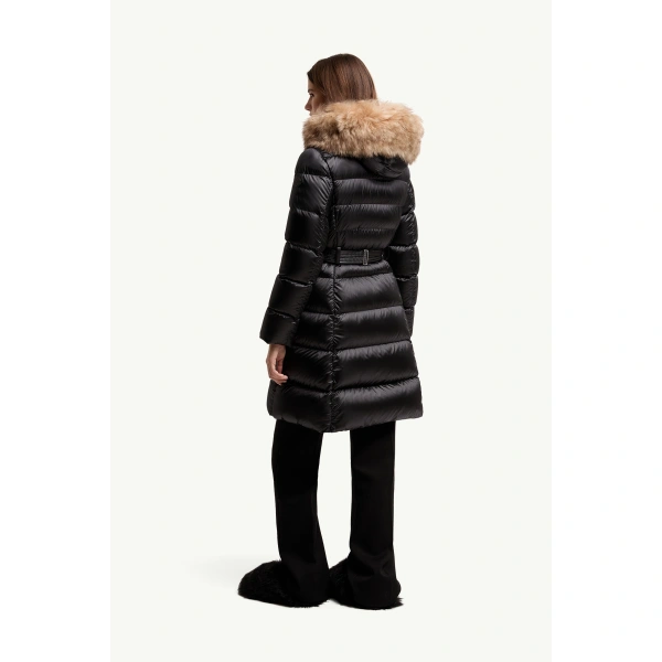 Moncler Leersies Shearling Trimmed Hooded Long Down Coat in Black, view 5 | Women's Puffer and Down Coats | Coveti