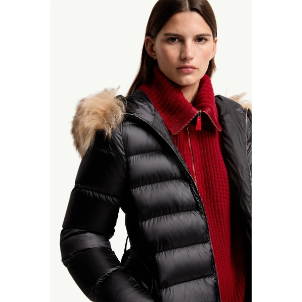 Moncler Leersies Shearling Trimmed Hooded Long Down Coat in Black, view 6 | Women's Puffer and Down Coats | Coveti