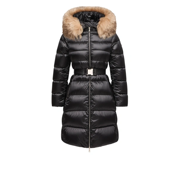 Moncler Leersies Shearling Trimmed Hooded Long Down Coat in Black | Women's Puffer and Down Coats | Coveti