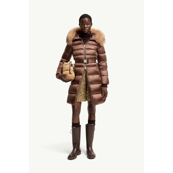 Moncler Leersies Shearling Trimmed Hooded Long Down Coat in Brown, view 2 | Women's Puffer and Down Coats | Coveti