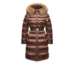 Moncler Leersies Shearling Trimmed Hooded Long Down Coat in Brown | Women's Puffer and Down Coats | Coveti