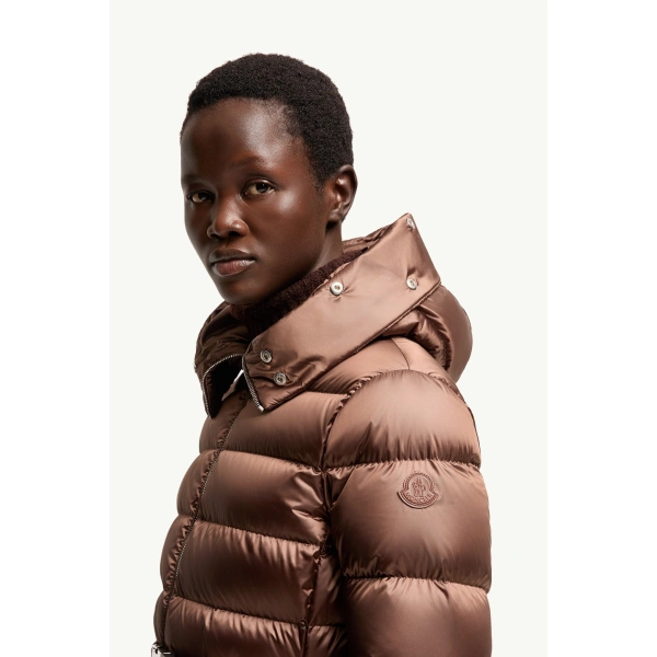 Moncler Leersies Shearling Trimmed Hooded Long Down Coat in Brown, view 3 | Women's Puffer and Down Coats | Coveti