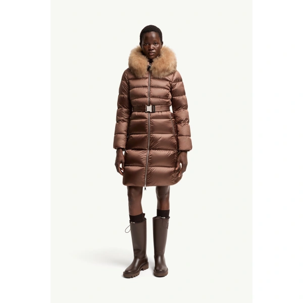 Moncler Leersies Shearling Trimmed Hooded Long Down Coat in Brown, view 4 | Women's Puffer and Down Coats | Coveti