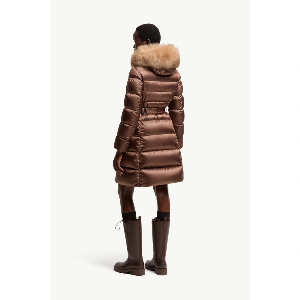 Moncler Leersies Shearling Trimmed Hooded Long Down Coat in Brown, view 5 | Women's Puffer and Down Coats | Coveti