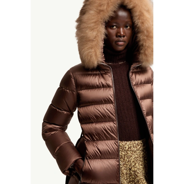 Moncler Leersies Shearling Trimmed Hooded Long Down Coat in Brown, view 6 | Women's Puffer and Down Coats | Coveti