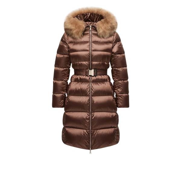 Moncler Leersies Shearling Trimmed Hooded Long Down Coat in Brown | Women's Puffer and Down Coats | Coveti