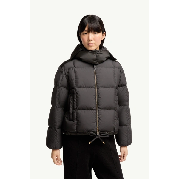 Moncler Legerete Square-Quilted Hooded Short Down Jacket in Black, view 4 | Women's Puffer Jackets | Coveti
