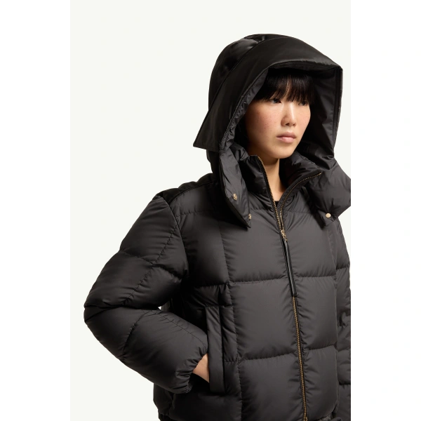Moncler Legerete Square-Quilted Hooded Short Down Jacket in Black, view 6 | Women's Puffer Jackets | Coveti
