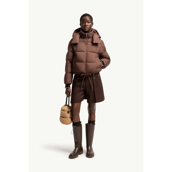 Moncler Legerete Square-Quilted Hooded Short Down Jacket in Brown, view 2 | Women's Puffer Jackets | Coveti