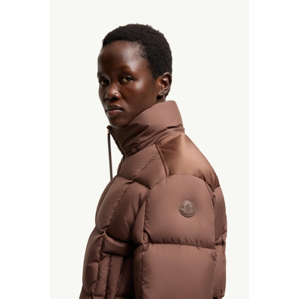 Moncler Legerete Square-Quilted Hooded Short Down Jacket in Brown, view 3 | Women's Puffer Jackets | Coveti