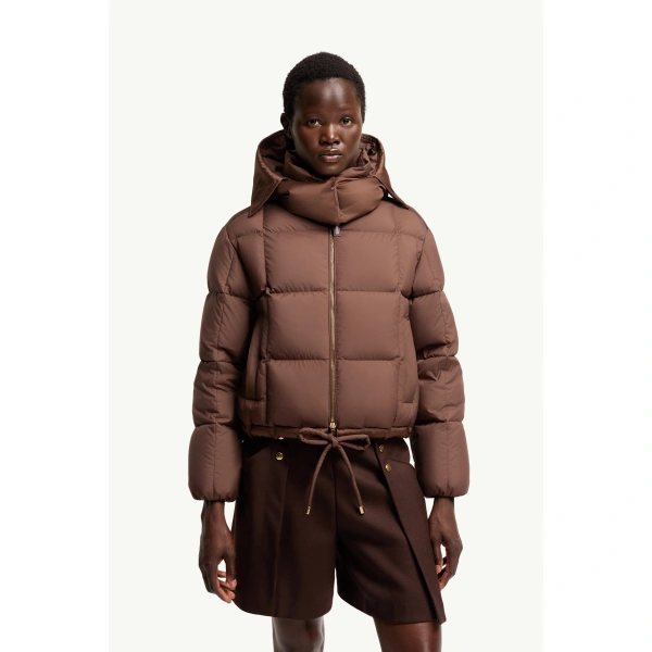 Moncler Legerete Square-Quilted Hooded Short Down Jacket in Brown, view 4 | Women's Puffer Jackets | Coveti