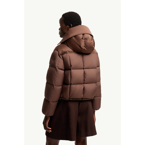 Moncler Legerete Square-Quilted Hooded Short Down Jacket in Brown, view 5 | Women's Puffer Jackets | Coveti