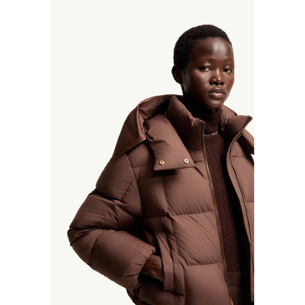 Moncler Legerete Square-Quilted Hooded Short Down Jacket in Brown, view 6 | Women's Puffer Jackets | Coveti
