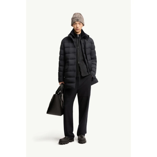 Moncler Lencoise Hooded Long Down Jacket in Dark Blue, view 2 | Men's Coats | Coveti