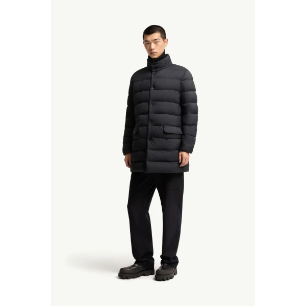 Moncler Lencoise Hooded Long Down Jacket in Dark Blue, view 4 | Men's Coats | Coveti