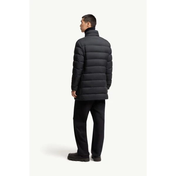 Moncler Lencoise Hooded Long Down Jacket in Dark Blue, view 5 | Men's Coats | Coveti