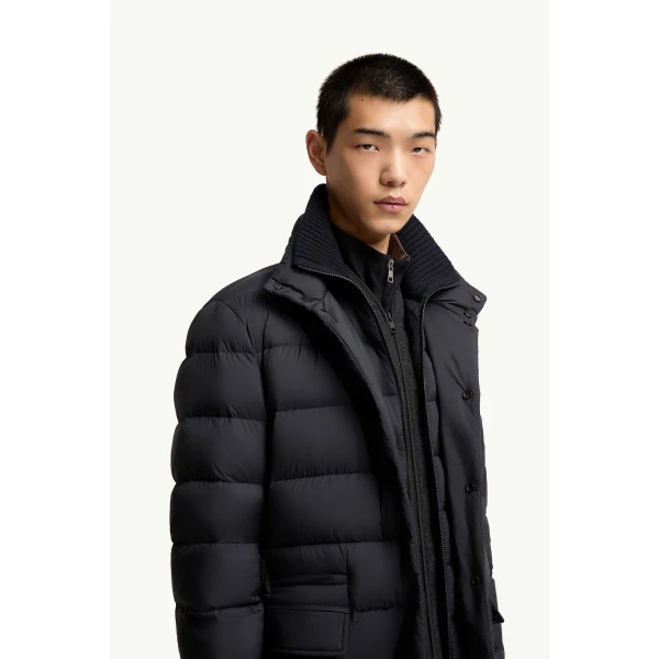 Moncler Lencoise Hooded Long Down Jacket in Dark Blue, view 6 | Men's Coats | Coveti