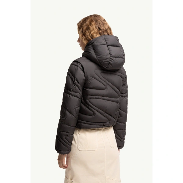 Moncler Leona 2-in-1 Hooded Short Down Jacket in Black, view 5 | Women's Puffer Jackets | Coveti