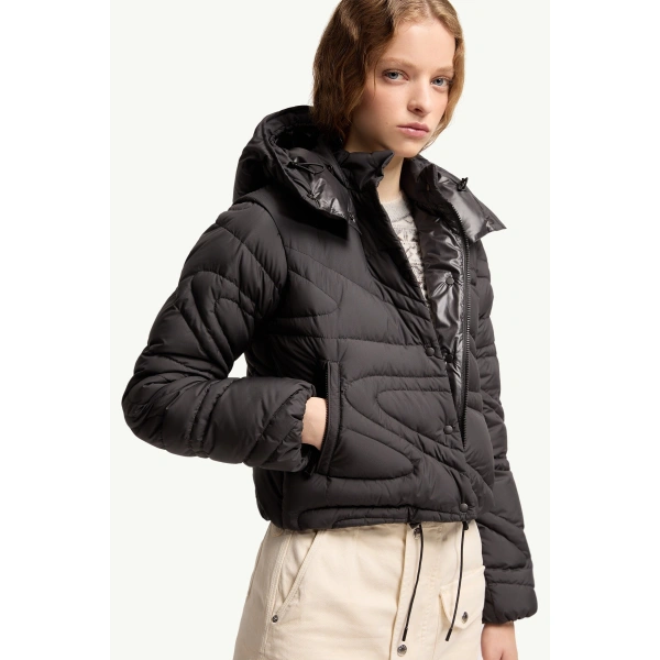 Moncler Leona 2-in-1 Hooded Short Down Jacket in Black, view 6 | Women's Puffer Jackets | Coveti