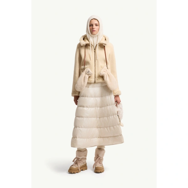 Moncler Leuctre Hooded Shearling Short Down Jacket in Light Beige, view 2 | Women's Shearling Jackets | Coveti