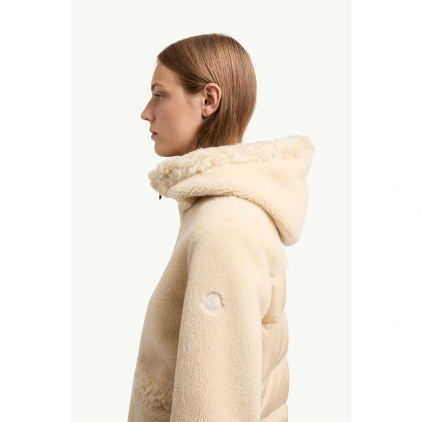 Moncler Leuctre Hooded Shearling Short Down Jacket in Light Beige, view 3 | Women's Shearling Jackets | Coveti