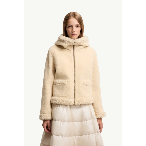 Moncler Leuctre Hooded Shearling Short Down Jacket in Light Beige, view 4 | Women's Shearling Jackets | Coveti
