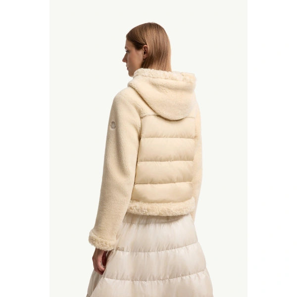 Moncler Leuctre Hooded Shearling Short Down Jacket in Light Beige, view 5 | Women's Shearling Jackets | Coveti