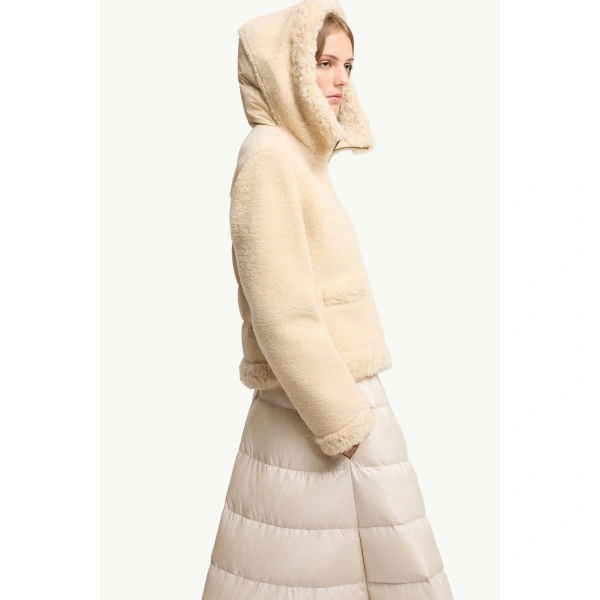 Moncler Leuctre Hooded Shearling Short Down Jacket in Light Beige, view 6 | Women's Shearling Jackets | Coveti
