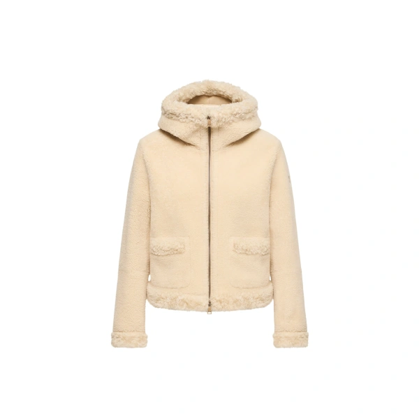 Leuctre Hooded Shearling Short Down Jacket in Light Beige