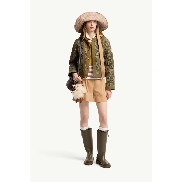 Moncler Libellule Geometric Quilted Short Down Jacket in Olive Green, view 2 | Women's Puffer Jackets | Coveti
