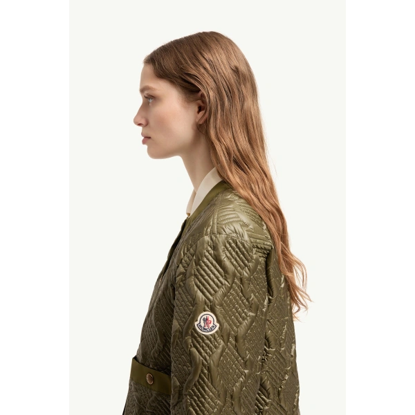 Moncler Libellule Geometric Quilted Short Down Jacket in Olive Green, view 3 | Women's Puffer Jackets | Coveti