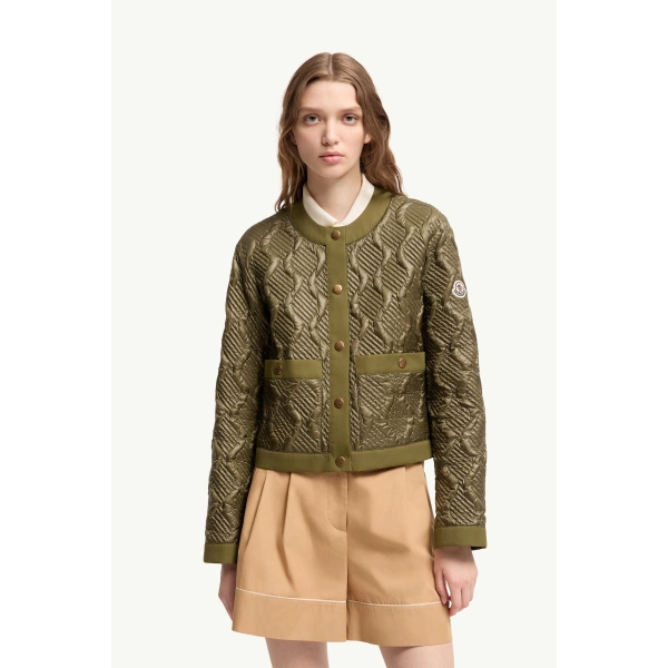 Moncler Libellule Geometric Quilted Short Down Jacket in Olive Green, view 4 | Women's Puffer Jackets | Coveti