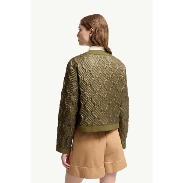 Moncler Libellule Geometric Quilted Short Down Jacket in Olive Green, view 5 | Women's Puffer Jackets | Coveti