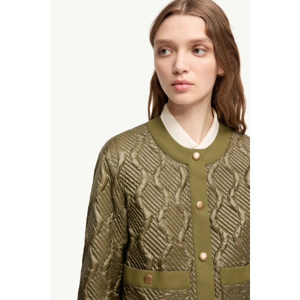 Moncler Libellule Geometric Quilted Short Down Jacket in Olive Green, view 6 | Women's Puffer Jackets | Coveti