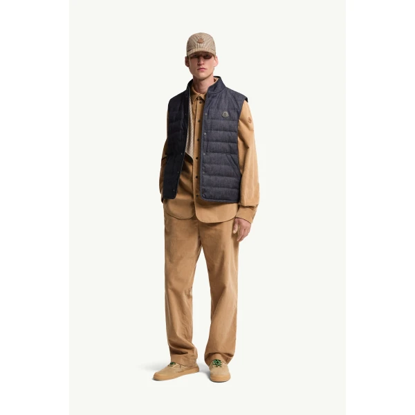 Moncler Liorane Denim Down Gilet in Dark Blue, view 2 | Men's Jackets | Coveti